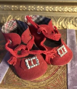 Vintage Red Suede Toe Buckle Doll Shoes - Picture 1 of 10