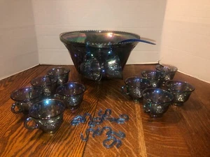 Vtg INDIANA Iridescent Blue Carnival Glass Princess Punch Bowl 12Cups/Hooks 1297 - Picture 1 of 11