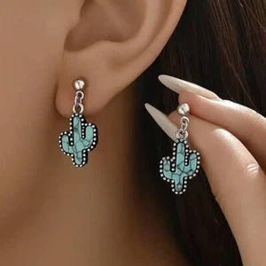 Cactus Earrings Turquoise Stone Western Style Dangle Drop Earrings Women - Picture 1 of 2
