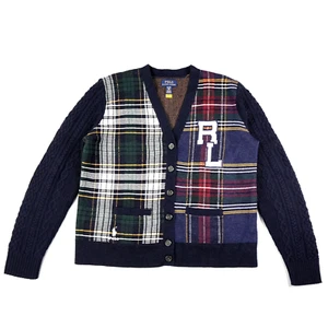 Polo Ralph Lauren Sweater Kid XL 16 Big RL Plaid Cable Knit Sleeve Cardigan Pony - Picture 1 of 13