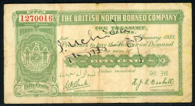 1938 British North Borneo 50 Fifty Cents Signed by Japanese Officer Uchida RARE Foto 1 de 2