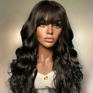 Long Wave Black Synthetic Daily Wear High Temperature Hair with Bangs Black Wigs - Picture 1 of 12