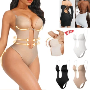 Women Invisible U Plunge Backless Push up Bra Full Body Shaper Bodysuit Control - Picture 1 of 17