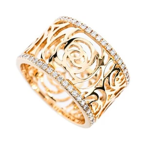 AUTH CHANEL CAMELLIA RING DIAMOND 18K 750 YELLOW GOLD #52 WOMEN'S F/S - Picture 1 of 6