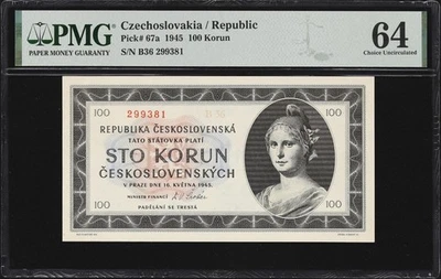 Czechoslovakia 100 Korun NOT Perforated 1945 Pick-67a Choice UNC PMG 64 - Image 1 of 2