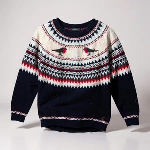 Tommy Hilfiger Mujeres Fair Isle Patrón de Pájaro Suéter Tejido L Azul Marino Rojo Blanco - Imagen 1 de 6