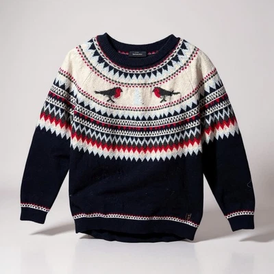 Tommy Hilfiger Women Fair Isle Bird Pattern Knit Sweater L Navy Red White - Image 1 of 4