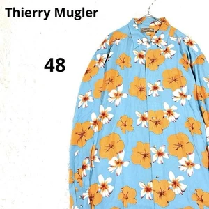 Thierry Mugler 100% Rayon Aloha Long Sleeve Floral Shirt Blue Orange White 48 - Picture 1 of 12