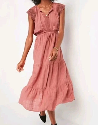 Старый темно-розовый крестьянин богемное миди платье коттеджкор крючком кружева крышка рукав XXL - Изображение 1 из 4