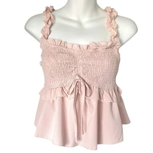 NEW Pink Smocked Camisole Top Womens Large Peplum Swiftie Blouse Ruffle Straps - Picture 1 of 13