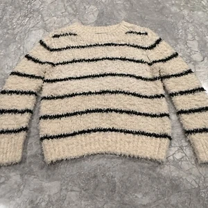 Vince Women’s Cream Navy Striped Fuzzy Round Neck Sweater Linen Blend Sz XS - Picture 1 of 4