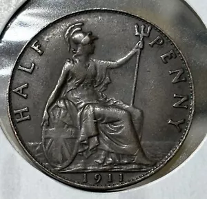1911 Great Britain Half Penny UK 1/2 A High Vf-xf - Picture 1 of 2