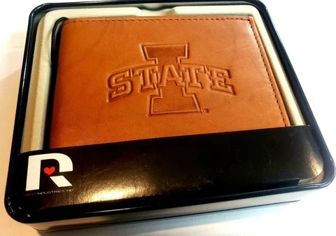 ISU Iowa State Cyclones Embossed Leather Billfold Wallet   Metal Gift Box Local Cover