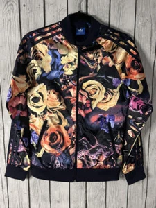 EUC ADIDAS GIRLS DARK FLORAL SATIN TRACK JACKET GIRLS L ADULT S - Picture 1 of 6