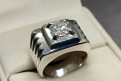 Round Cut 2 Ct Moissanite Diamond Sterling Silver 925 Handmade Mens Elegant Ring - Image 1 of 4