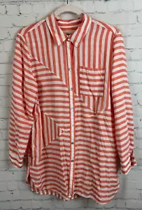 CHICO'S white coral striped lyocell button down shirt blouse tunic 2 12/14 - Picture 1 of 10