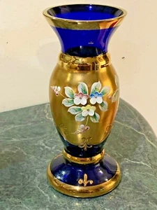 Bohemian Czech Cobalt Blue Crystal Vase With 24k Gold, High Enamel flowers - Picture 1 of 10