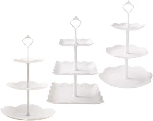 3 Pack 3 Tiers White Plastic Cupcake Stand Dessert Serving Trays Round Square - Picture 1 of 8