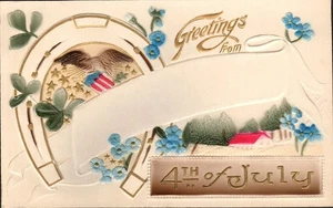 4th of July Antique Postcard Greetings From Unused Patriotic Horseshoe Airbrush - Picture 1 of 2