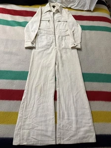 Vintage 70s Sears Disco Hippie Jumpsuit Coverall 31x32 Cotton Linen Off White - Picture 1 of 16