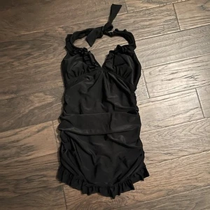 Catalina Full Coverage Basic Black One Piece Swim Skirted Ruffle Detail Halter S - Picture 1 of 3