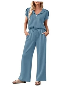 Women 2 Piece Set Summer Outfits Sweatsuit Half Zip Cap Sleeve Small Dustyblue - Picture 1 of 7