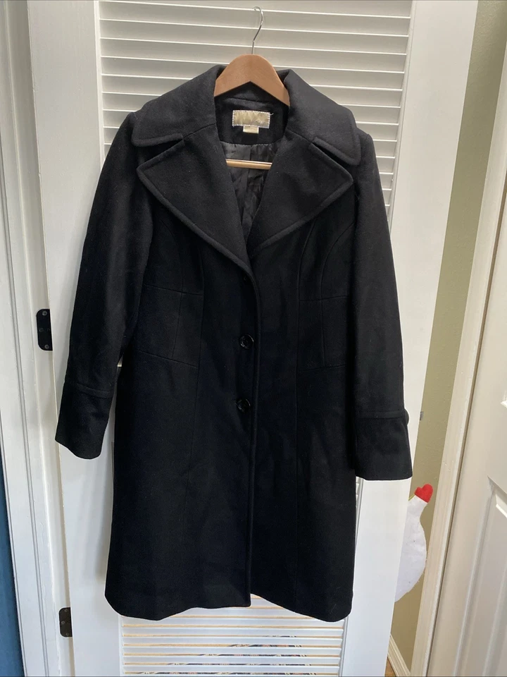 Michael Kors Women's Size 10 Wool Mid Length Coat Black Lined Button Up Designer - Image 1 of 3