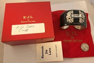 Vintage Kenneth Jay Lane KJL Black Enamel Rhinestone Hinged Cuff Bracelet 7.5" - Picture 1 of 12