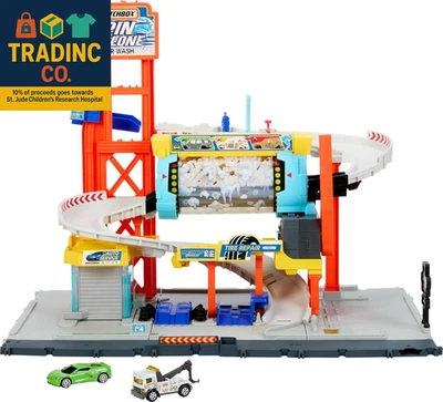 Toy Car Track Set, Spin Cyclone Car Wash Playset with 1:64 Scale Corvette & Tow  - Image 1 of 4