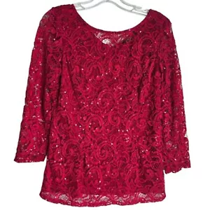 Onyx Nite elegant Red Lace Top blouse size M Valentines Day sequin 3/4 sleeves - Picture 1 of 7