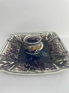Edgecomb Potters Maine Art Pottery Square Platter & Cup Purple & Blue - Picture 1 of 12