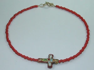 Anklet  Red  Beads Cloisonne Red Religious Cross Handcrafted Foot Ankle Jewelry - Picture 1 of 1