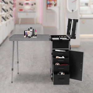 Rolling Makeup Train Case Cosmetic Box Trolley Organizer with LED LIght & Mirror - Picture 1 of 22