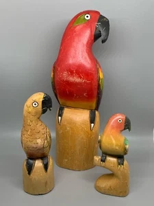 Papagei Balsaholz Vogel 3 Stück - geschnitzt / gefärbt - ca. 31, 19 & 15cm - Bild 1 von 7