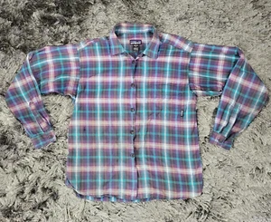 Patagonia Shirt Womens Med Purple Green Plaid Pocket Long Sleeve Button-Up Flaws - Picture 1 of 23