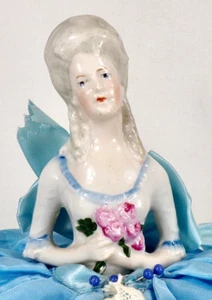 Half Doll Pin Cushion Colonial Lady Porcelain Roses Blue Gown Vanity Accessory - Picture 1 of 9