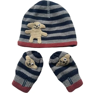 H M Hat Mittens Baby size 2M Applique Puppy Dog Stripe Grey Blue Red Winter - Picture 1 of 7