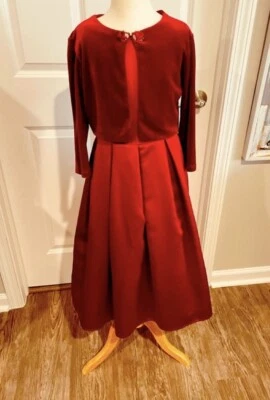 Vintage 2pc Red Satin Dress W Velvet Bolero Jacket & Hand Rolled Roses Girl’s 10 - Image 1 of 4
