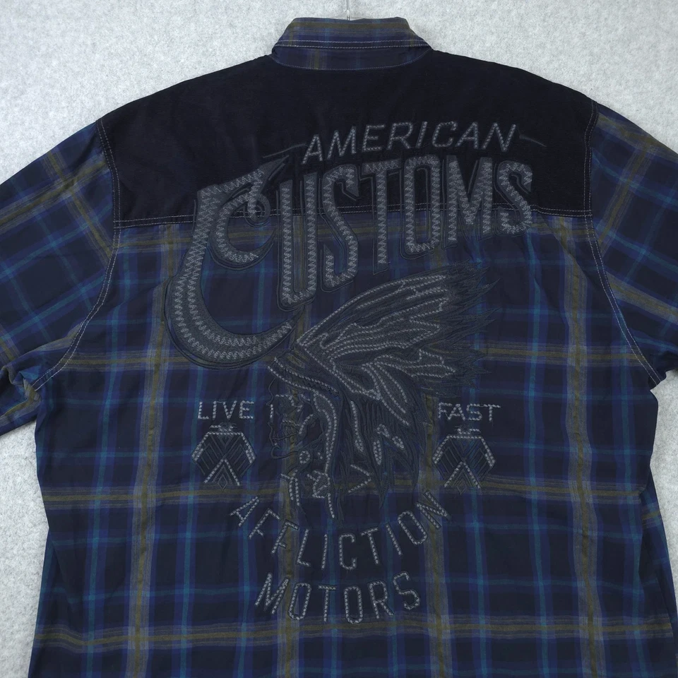 Camisa Affliction Para Hombres 2XL XXL Azul Western Cuadros Bordada Calavera Calce Atlético Foto 1 de 4