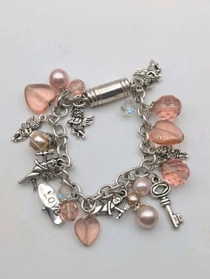 Charm Bracelet Pink Bead Silver Tone Cupids 7 Inch Love Inspire  - Image 1 of 4