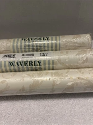 THREE NEW SEALED Waverly Vintage Wallpaper Rolls White Cream Gold Leaf Embossed - Image 1 of 4