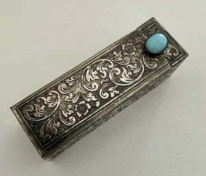 Estuche de lápiz labial grabado floral plateado vintage Italia 800 espejo turquesa cabujón - Imagen 1 de 13