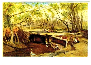 Ukraine painter S.Svetoslavsky 1964 postcard VILLAGE PEOPLE AT BRIDGE NICE DAY - Picture 1 of 2