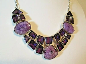 Natural & Cut Purple Amethyst Gemstone Bib Necklace 925 Sterling Silver VTG  - Picture 1 of 8