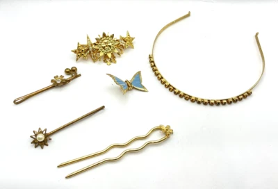 Lot of 6 Gold-Plated Hair Accessories / Hair Pins, Headband and Sun CZ Hair Clip - Image 1 of 4