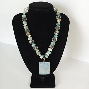 Turquoise & Shell Silver Necklace 925 Beaded Natural Stone Women's Jewelry - Picture 1 of 5