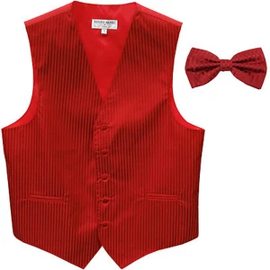 New Men's Vertical Tone on Tone stripes tuxedo Vest Waistcoat & bowtie Red - Picture 1 of 5