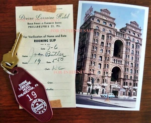 Raro Philadelphia PA 1940S DIVINE LORRAINE HOTEL llave, resbalón de habitación y foto  - Imagen 1 de 1