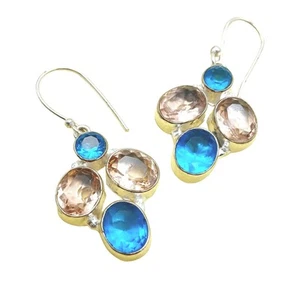 Vtg Blue Pear Cut Women Drop Dangle Earring 925 Sterling Silver - Picture 1 of 4