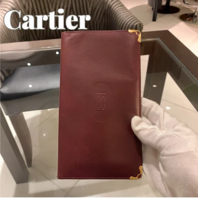 (Auténtico) Cartera Larga Cartier Cuero Burdeos Porta Recibos Esquina Dorada De Colección Foto 1 de 4